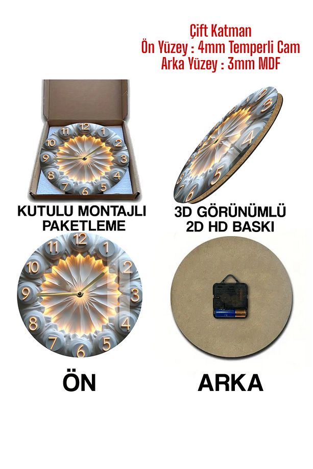 Şıklığı ve Dayanıklılığı Bir Arada Sunan Tasarım 3D Görünümlü Temperli Cam Saat – 33 cm CSDW087 - 5