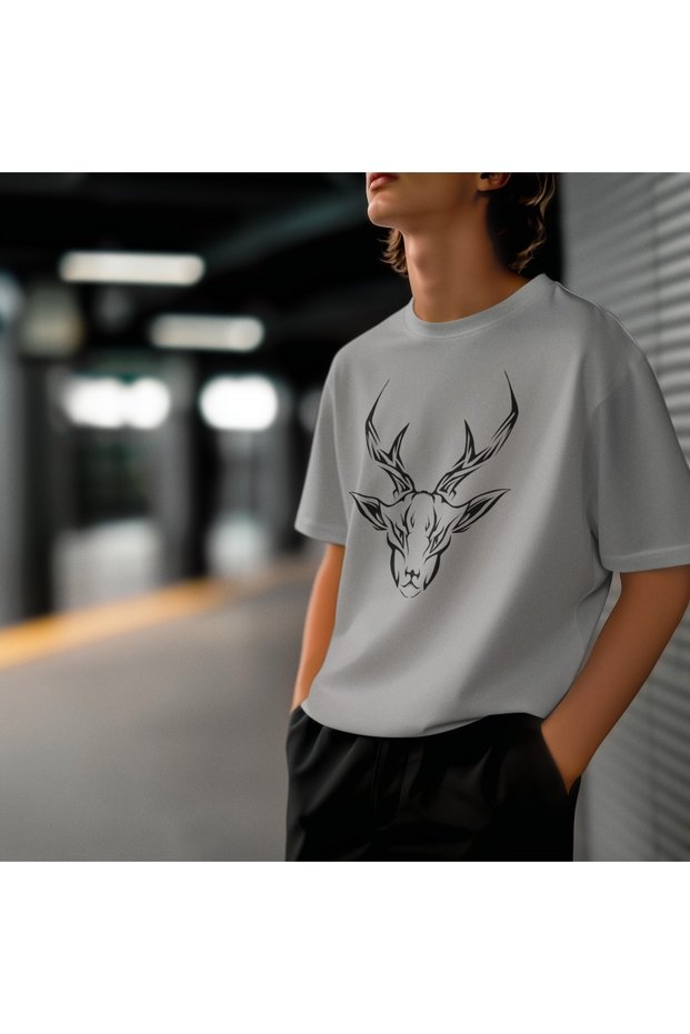 Girl/Woman Black Deer Transfer Printed Round Neck Short Sleeve T-Shirt