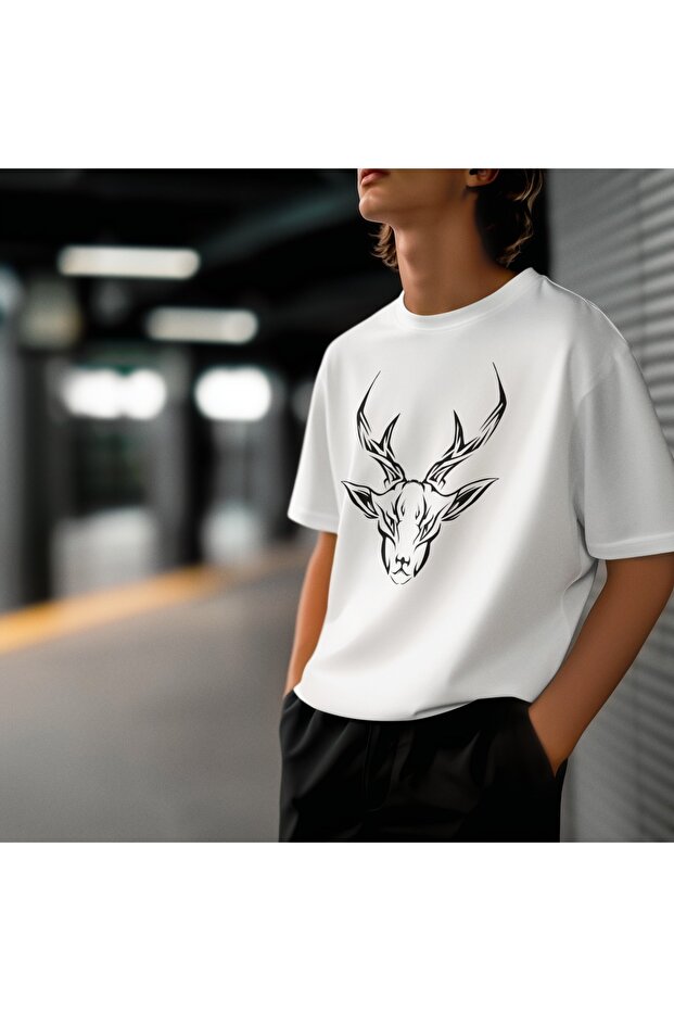 Girl/Woman Black Deer Transfer Printed Round Neck Short Sleeve T-Shirt