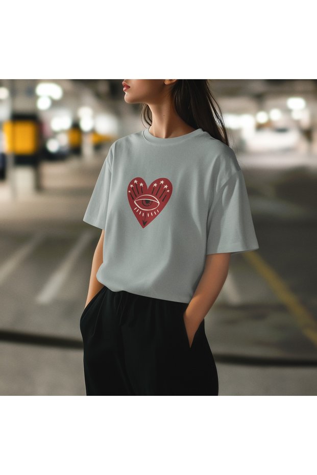 Girl/Women Heart Transfer Printed Round Neck Short Sleeve T-Shirt