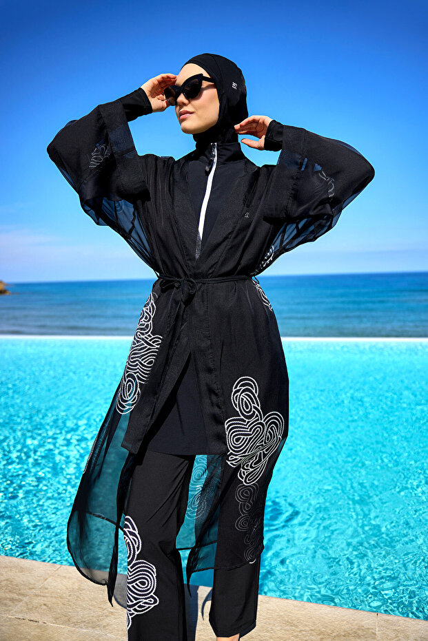 Black Full Length Tulle Kimono Kaftan P2515