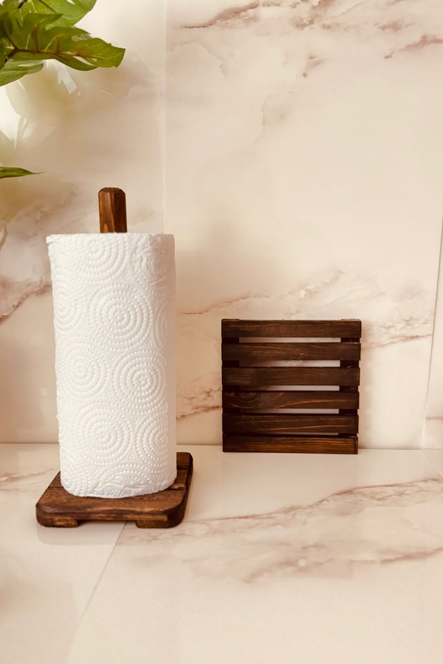 Wooden Roll Napkin Holder and Trivet 2-Piece Set 27 cm Brown Wood Tr Wipe with a Damp Cloth.