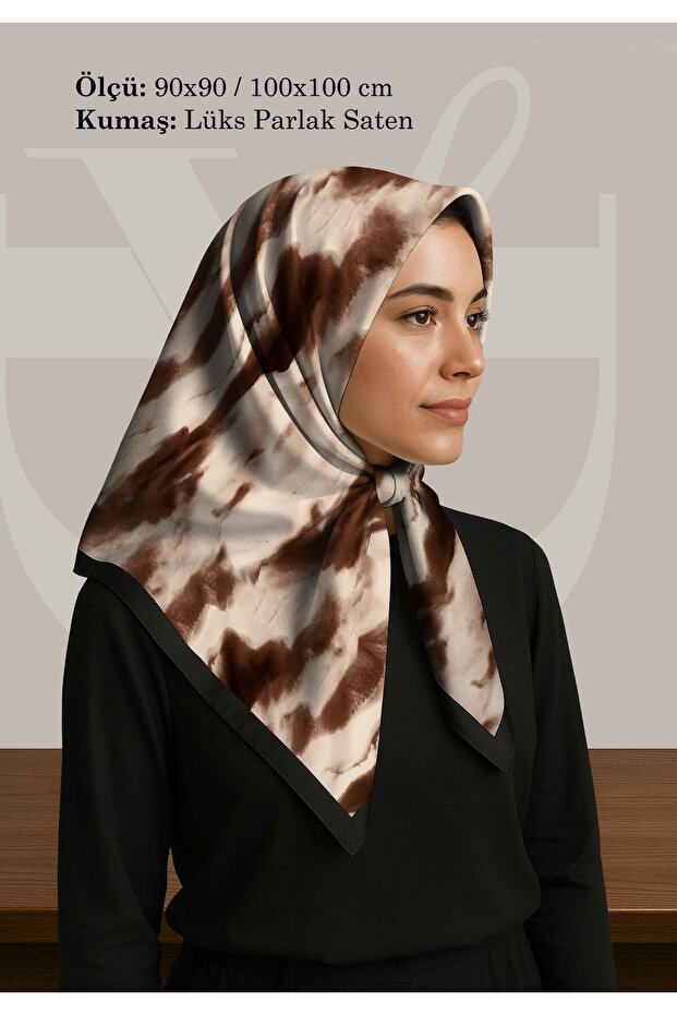 وشاح منقوش على شكل سحابة بنية | 90x90 - 100x100 سم | قماش الساتان اللامع الفاخر