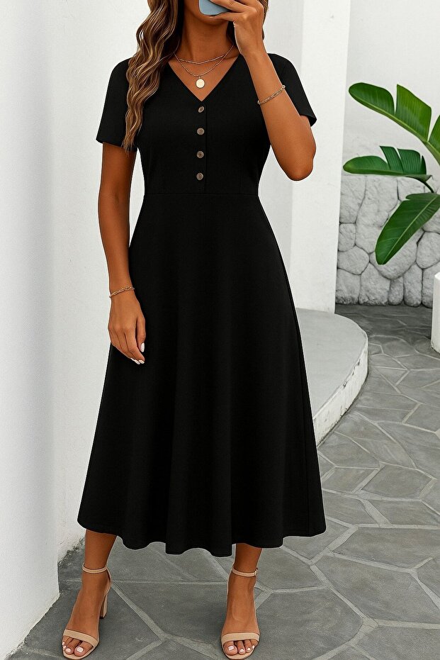 Women's short sleeve v neck front button Slit midi viscose dress