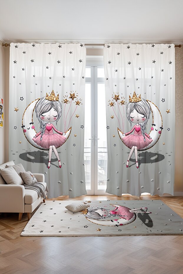 3B Gray Moon Princess Patterned Children's Baby Room Background Curtain (Single Wing Pricing)