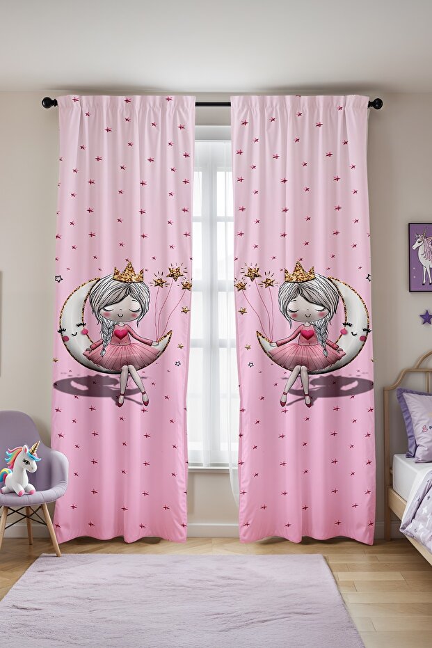 3B Pink Princess on the Moon Patterned Children's Baby Room Background Curtain (Single Wing Pricing)