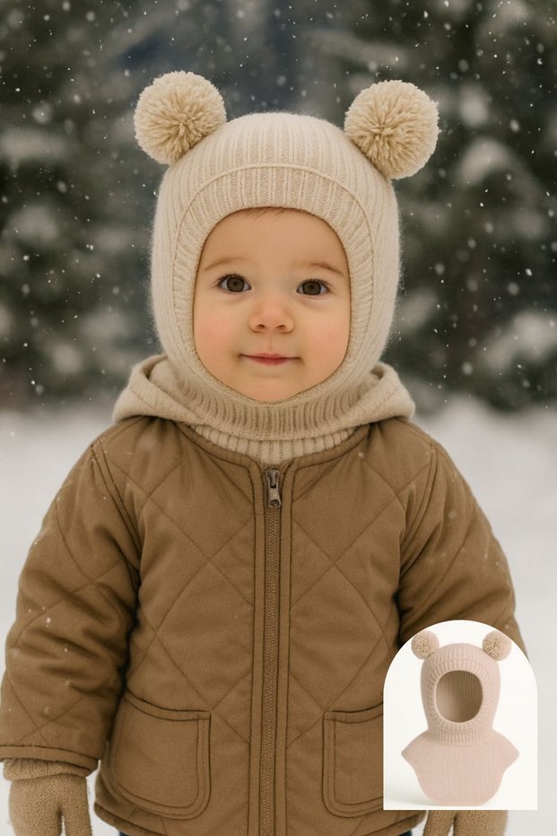 Girl Boy Baby Child Shoulder Knitwear Balaklava Beanie Balaclava Pompon Beanie