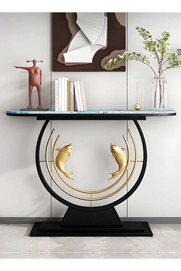 Modern Half Moon Shape Design with Metal Fishes Rustproof Rock Slab Tabletop Contemporary Console Ta