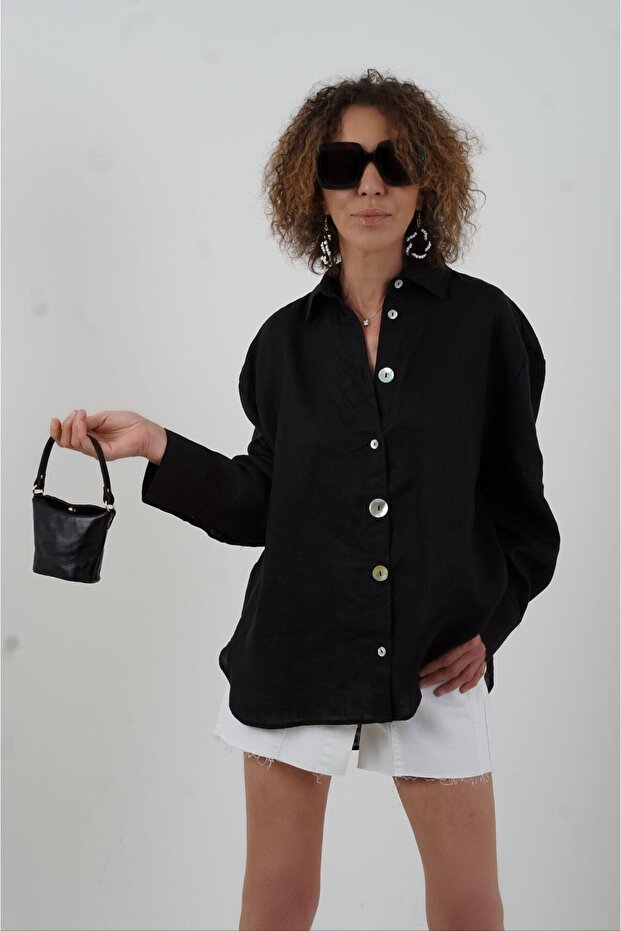 Black Button Detail Natural Linen Shirt