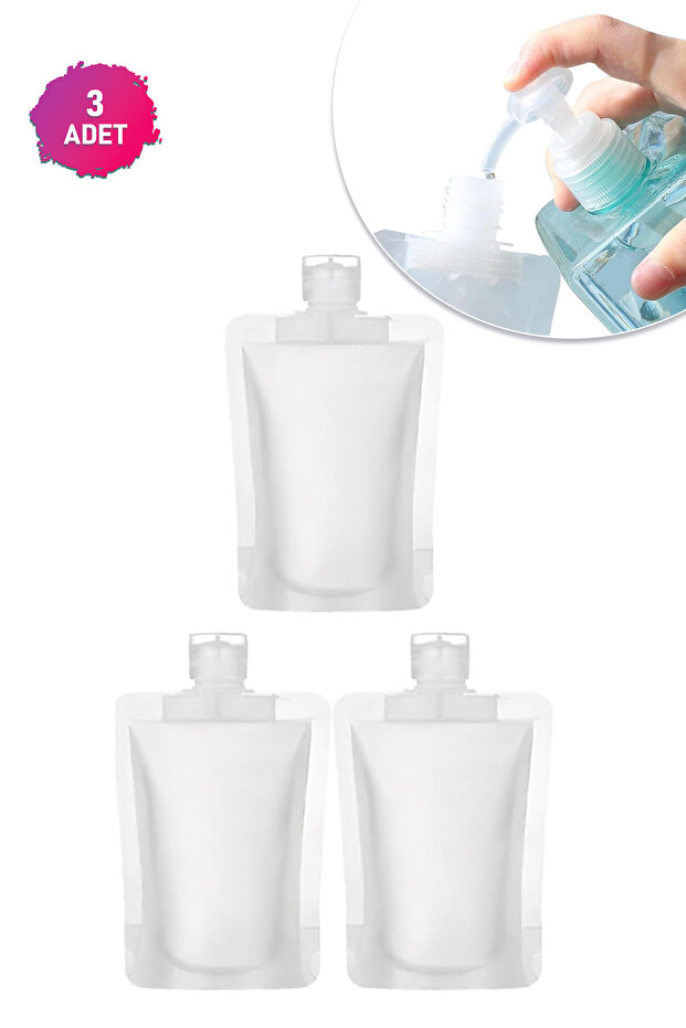 Seyahat Tipi 3’lü 100ml Plastik Şişe Seti Şampuan Krem Duş Jeli Losyon Sıvı Sabun Taşıma Şişesi - 3