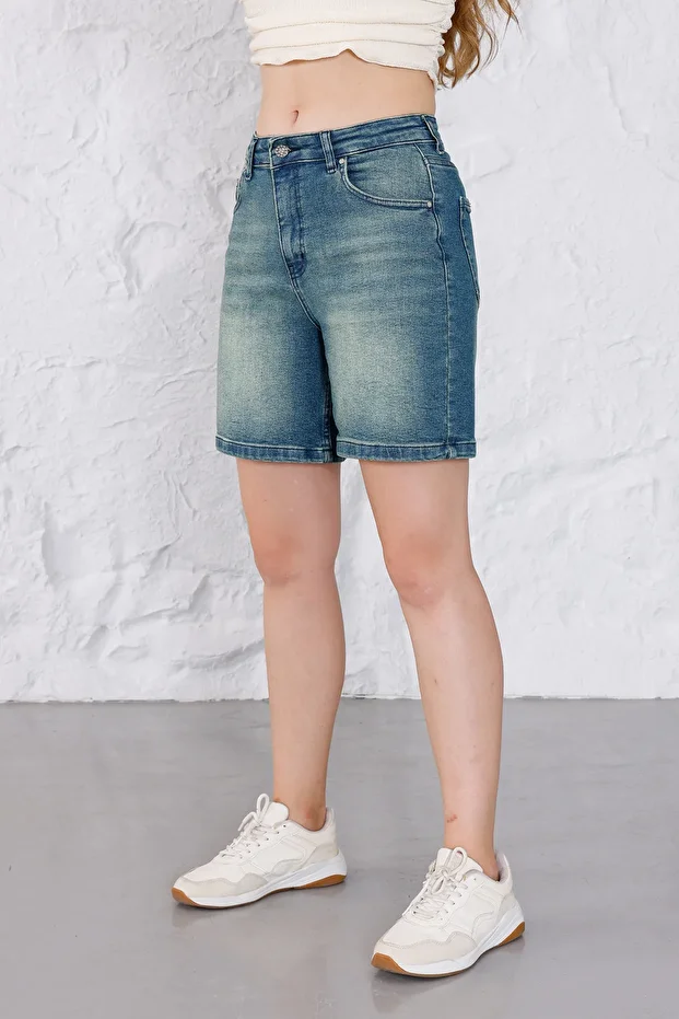 Kadın Efektli Yüksek Bel Bermuda Denim Kot Şort - 1