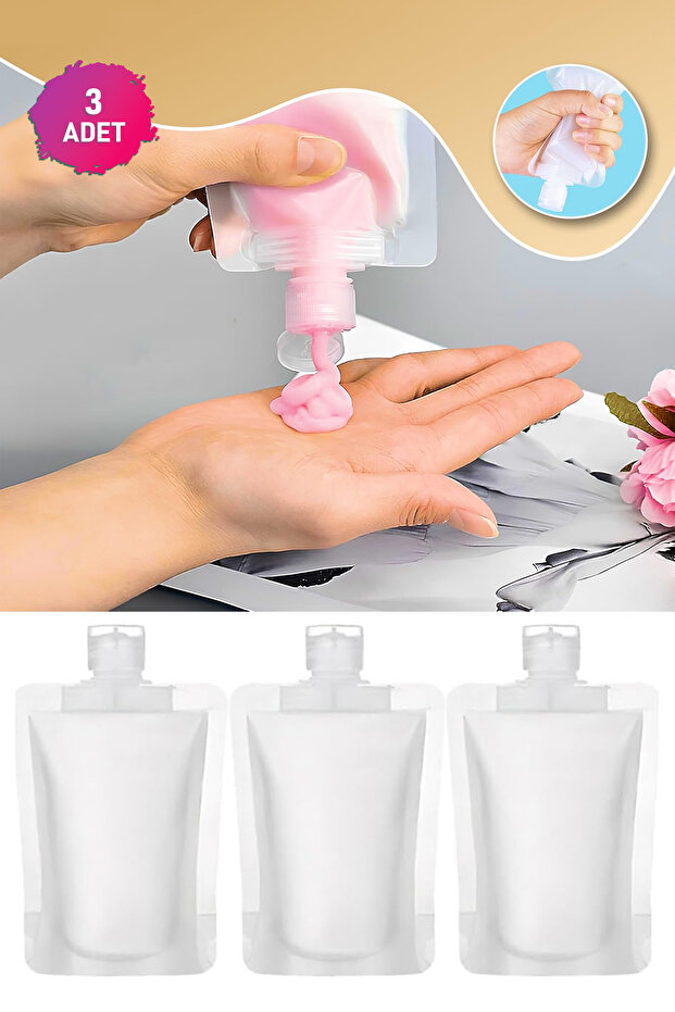 Seyahat Tipi 3’lü 100ml Plastik Şişe Seti Şampuan Krem Duş Jeli Losyon Sıvı Sabun Taşıma Şişesi - 9