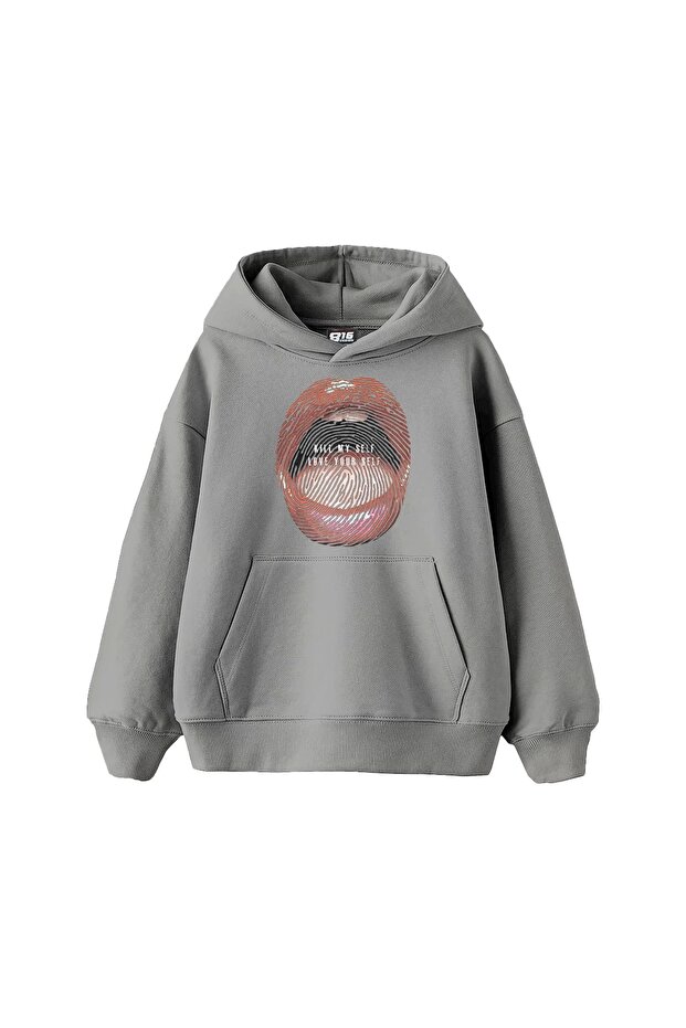 Love Your Self Printed Oversize Unisex Gray Hoodie