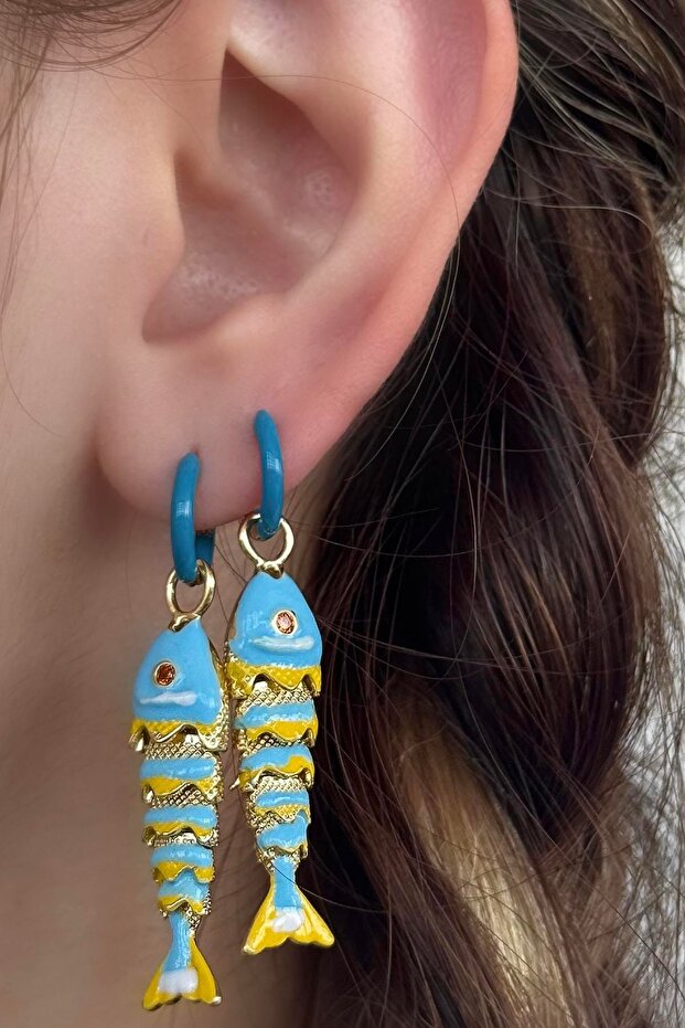 Gold and Blue Color Fish Figured Earrings (Pair)