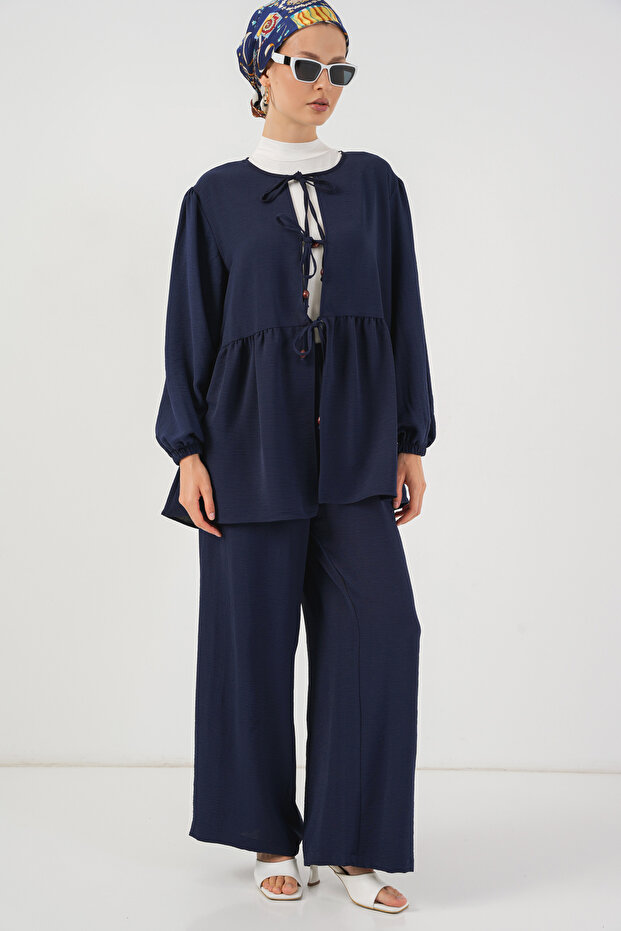 Women's Front Lace-Up Tunic Trousers Double Suit 6744 - Navy Blue