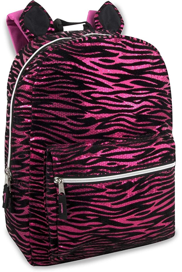 Furry Pink Sequin Zebra Backpack Purse for Women -Plush Cat Ear Animal Backpack with Ears Pink Zebra