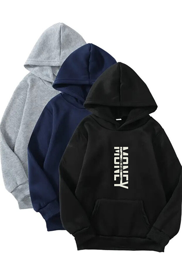 3-Piece Hooded Sweatshirt Set - Money Printed - Black, Navy Blue, Gray - Winter Embossed Fabric