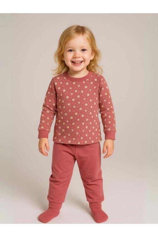 Girls' Floral Patterned Cotton Soft Textured Pajamas Set