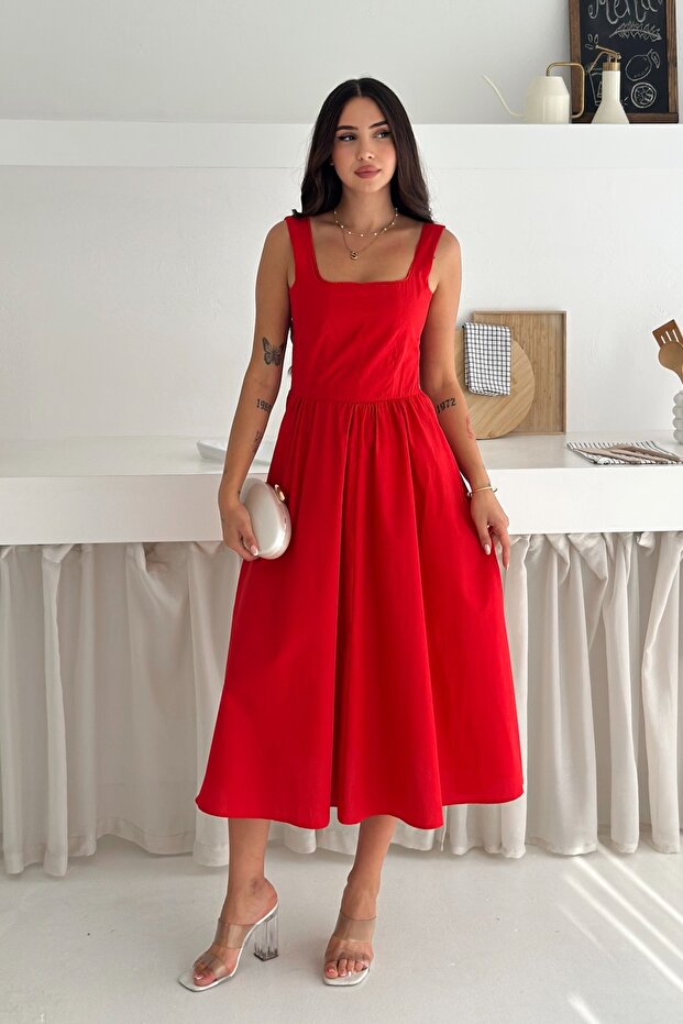 Women's Red Strap Pocket Cotton Dress