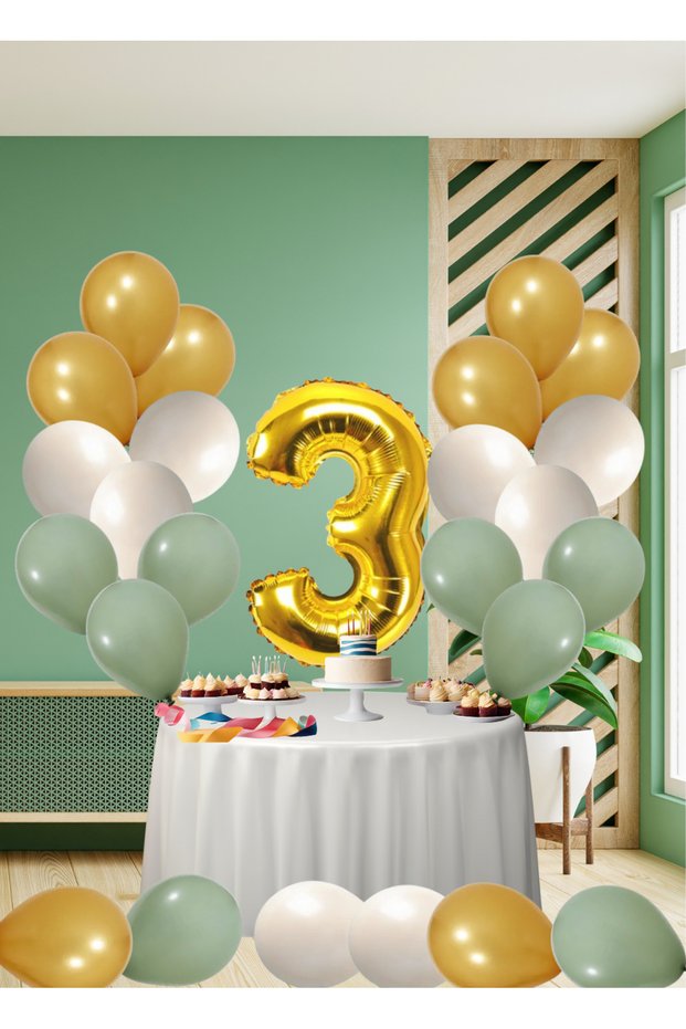 3 Year Old Mildew Green Themed Birthday Set Metallic Gold Sand Beige Mildew Green Balloons Gold Foil Number
