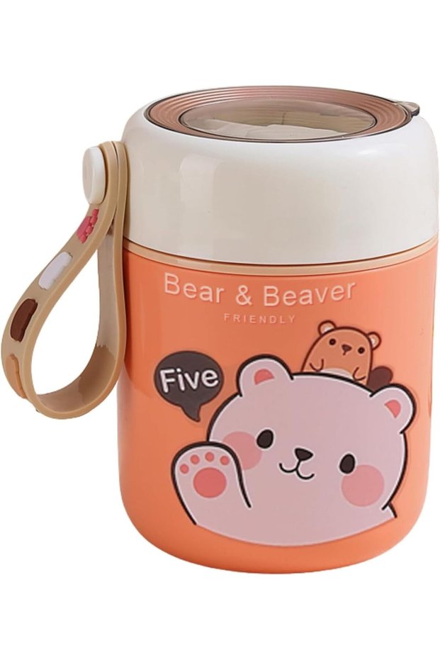 Bear Vacuum Insulated Food Jar - Leak-Proof Portable Food Bowl, Stainless Steel with Foldable