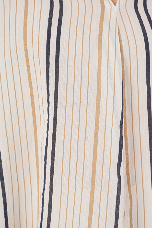 Kadın Çizgili Oversize Bluz 967 - Bej - 5