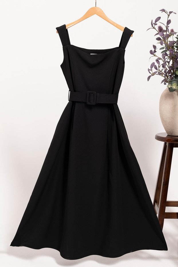 Black Strap Fabric Belt A-Line Dress | Kareyaka Stylish Women's Dress