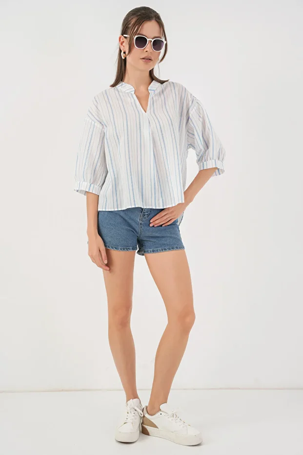 Kadın Çizgili Oversize Bluz 967 - A.Mavi - 2