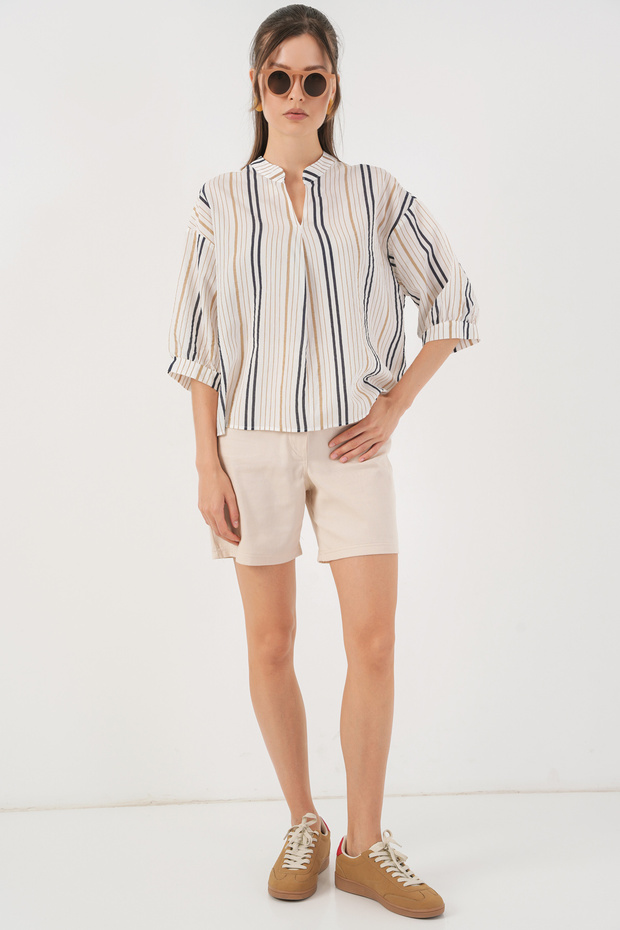 Kadın Çizgili Oversize Bluz 967 - Bej - 2