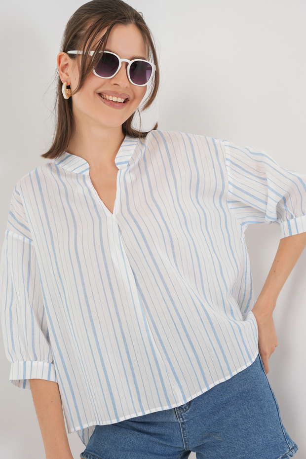 Kadın Çizgili Oversize Bluz 967 - A.Mavi - 4