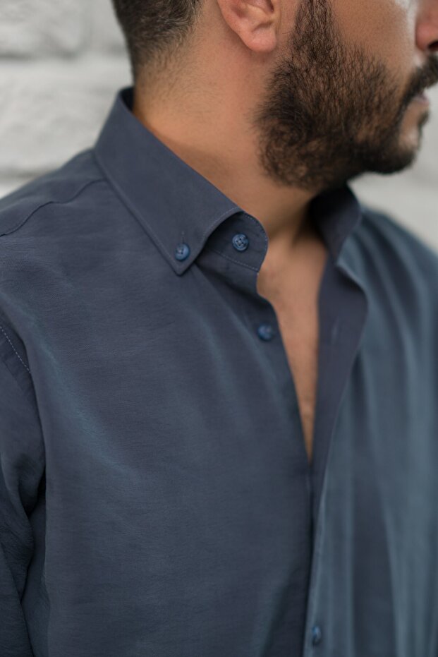 Regular Fit Yaka Düğmeli Yazlık Modal Kumaş Erkek Gömlek - 5