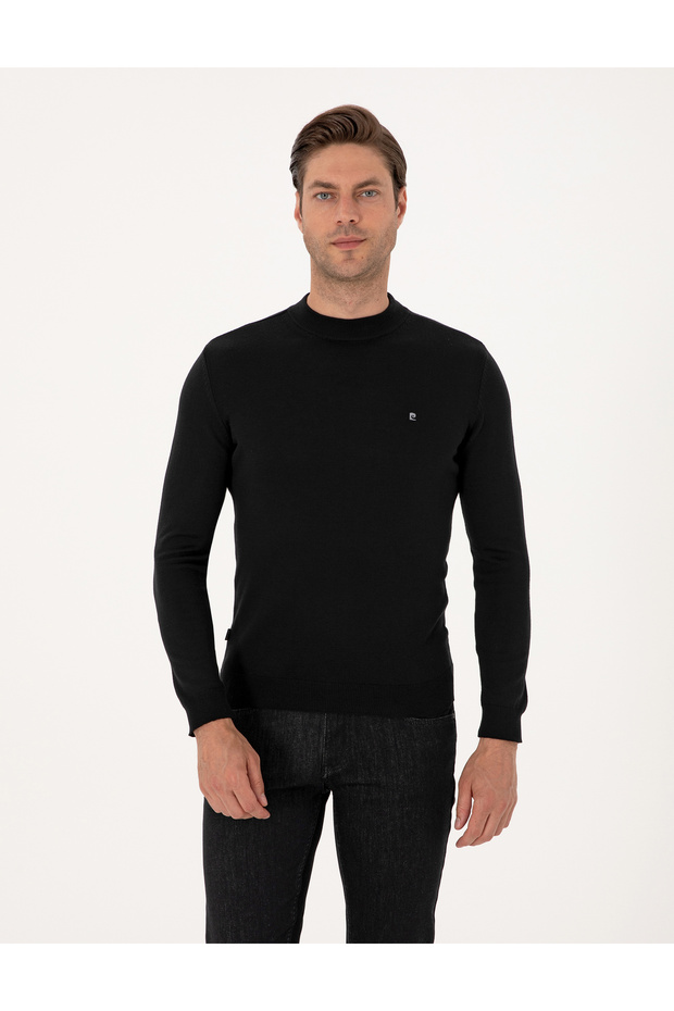 Black Slim Fit Quarter Collar Basic Knitwear Sweater 50314188-Vr046