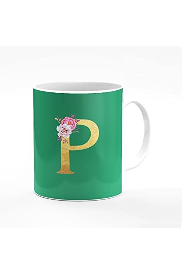 Stylized Ceramic Coffee Mug - 11 oz Personalized Gift with Initial and Floral Design - Spring Green