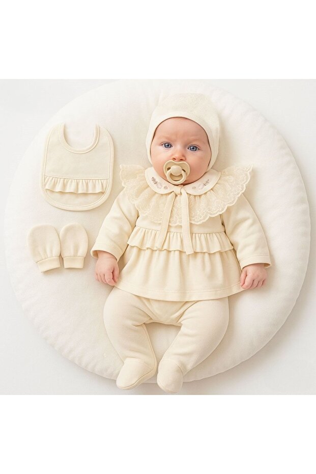 100% Organic Cotton Removable Lace Flower Embroidered Baby Girl 5-Piece Hospital Exit Bodysuit Set