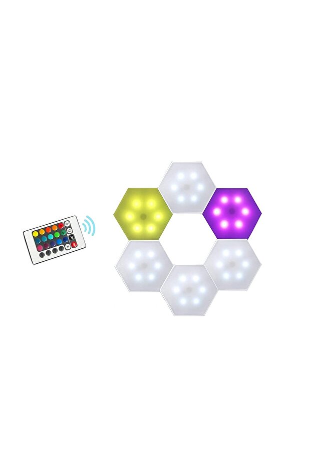 Set of 6 modular RGB wall lamps, LED, play of lights, remote control, touch control, hexagon shape - 2