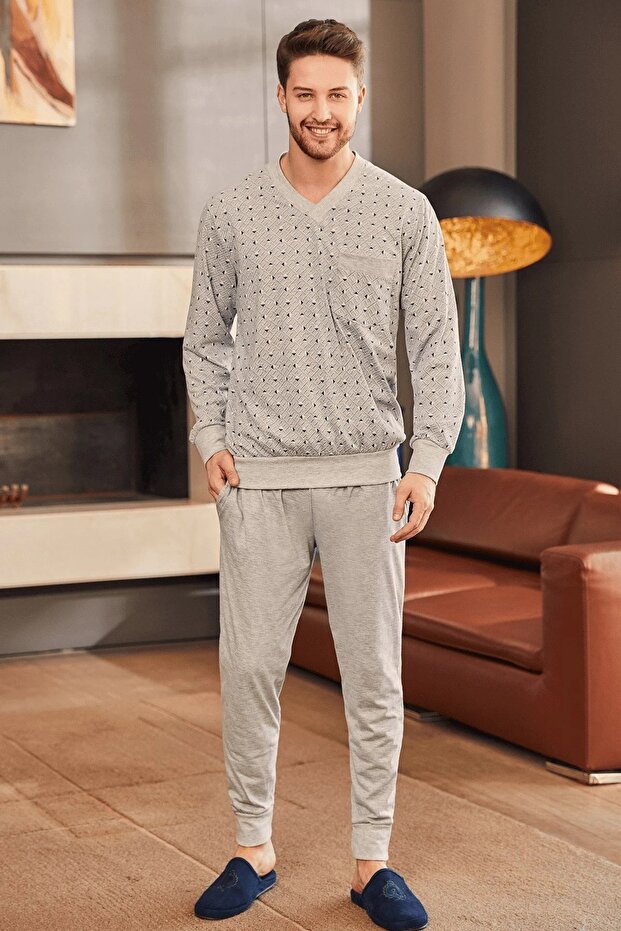 Men's Plus Size V-Neck Pajamas Set 90% Cotton, 10% Viscose Fabric Spring-Autumn Season