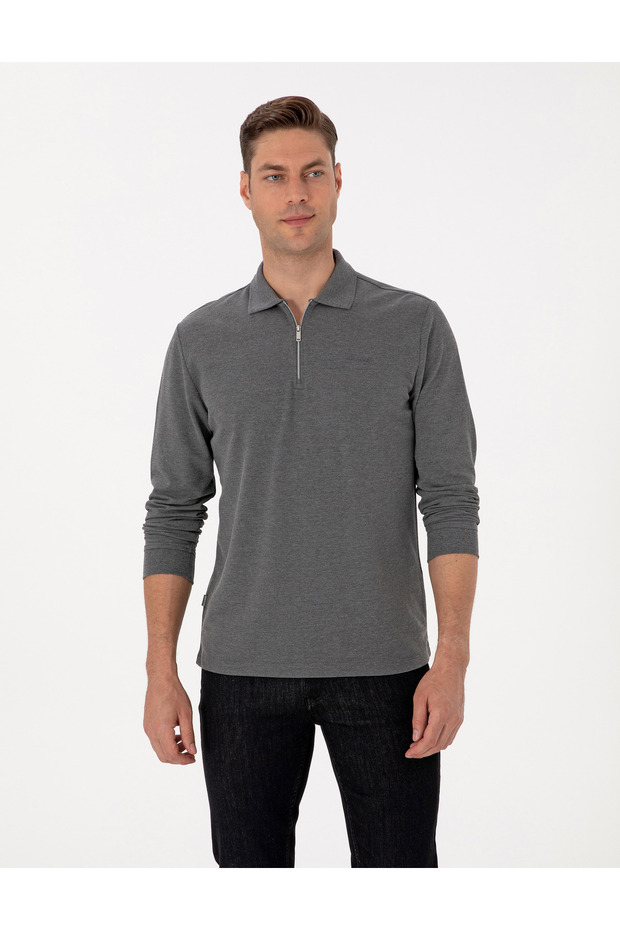 Anthracite Melange Slim Fit Non-Curling Zippered Polo Collar Basic Pique Sweatshirt 50314046-Vr081