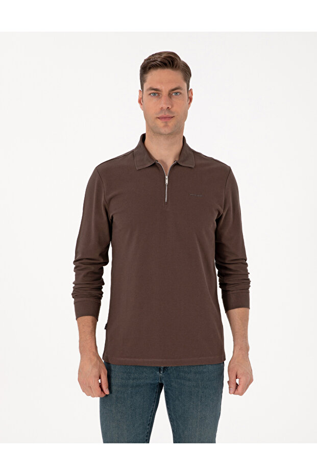 Dark Brown Slim Fit Non-Curling Zippered Polo Collar Basic Pique Sweatshirt 50314046-Vr084