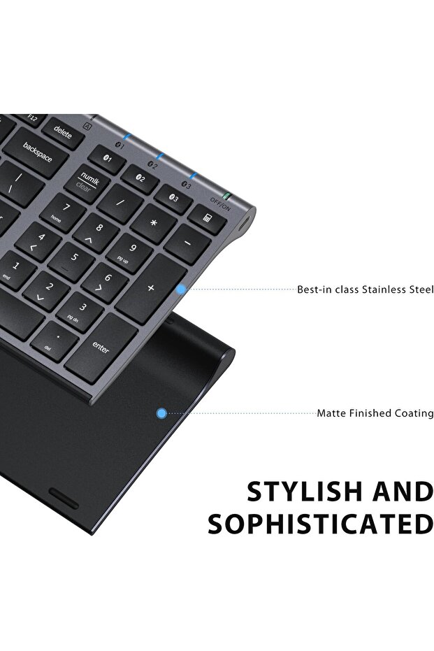 BK10 Bluetooth Keyboard - Universal Wireless & Rechargeable Ultra-Slim with Number Pad, Ergo - 8