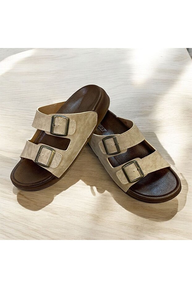 Orthopedic Two-Buckle Men's Cream Slippers
