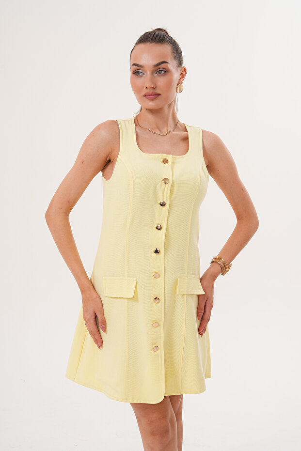 Önü Düğmeli %100 Pamuk Yazlık Mini Elbise - 7
