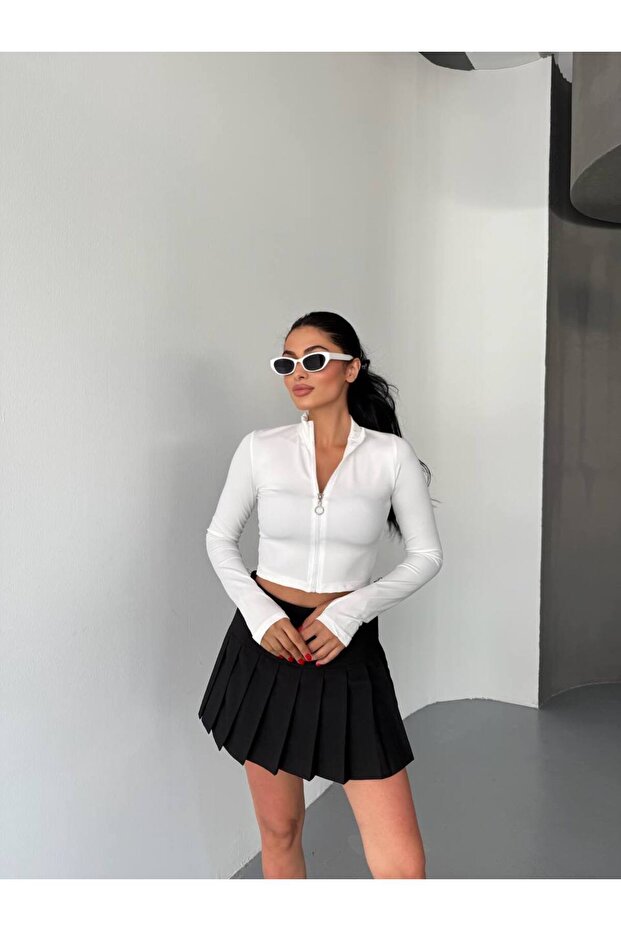Women's White Zippered Diving Fabric Finger Snap Cardigan