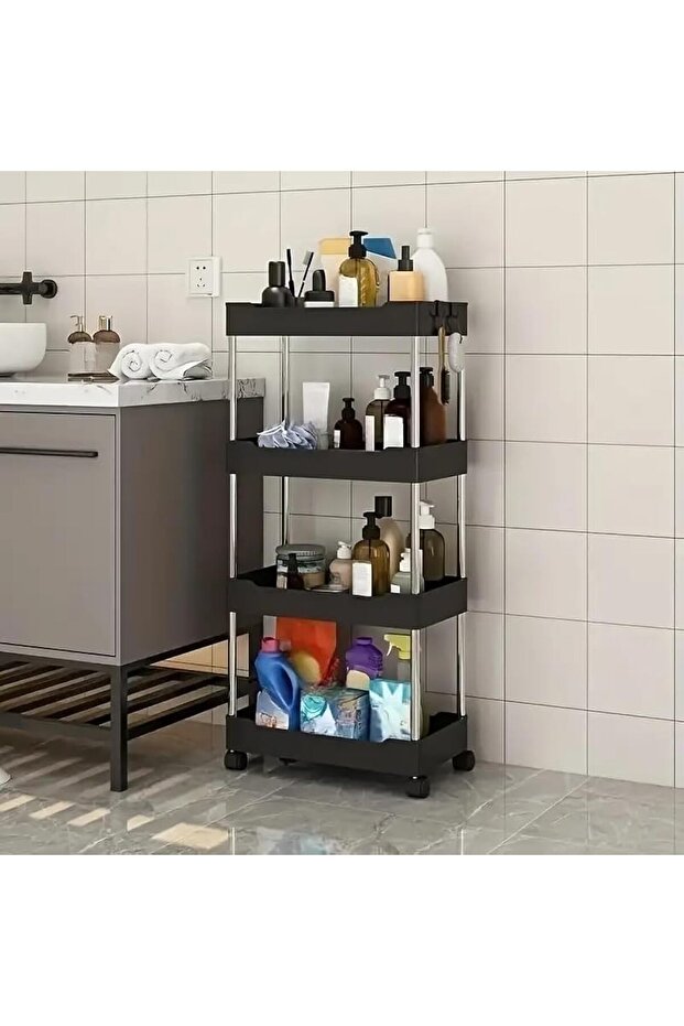 4 Tier Rolling Trolley Storage Organizer Utility Cart with Hooks and Wheels for Bathroom and Kitchen