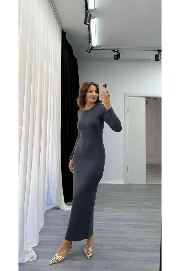 Back Detailed Long Basic Dress Anthracite - 2