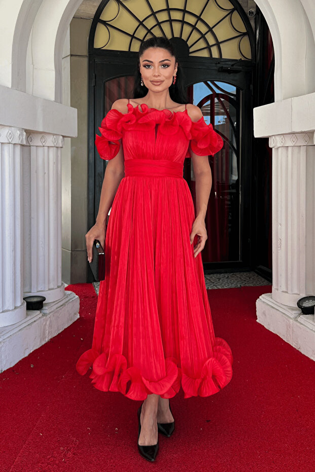Chiffon Fabric Ruffle Detail Midi Dress - RED