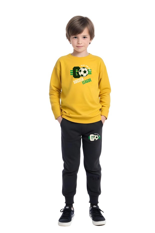 Crew Neck Go Soccer Printed Detail Boy's Bottom-Up Set