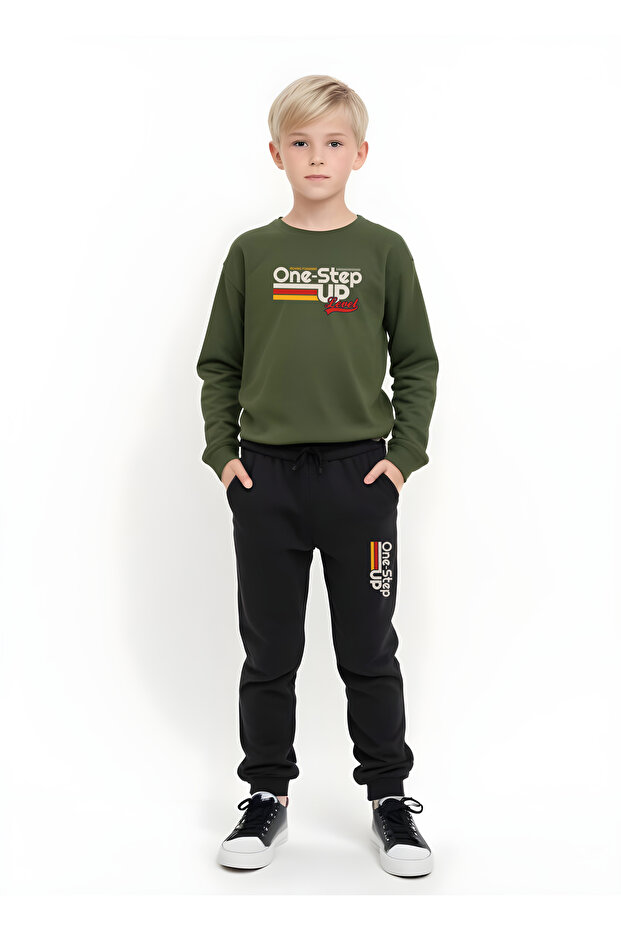 Crew Neck One Step up Print Detailed Boys' Top and Bottom Set