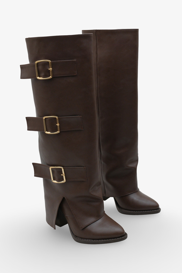 Women's Belt Detailed Pointed Toe Boots Asse Brown