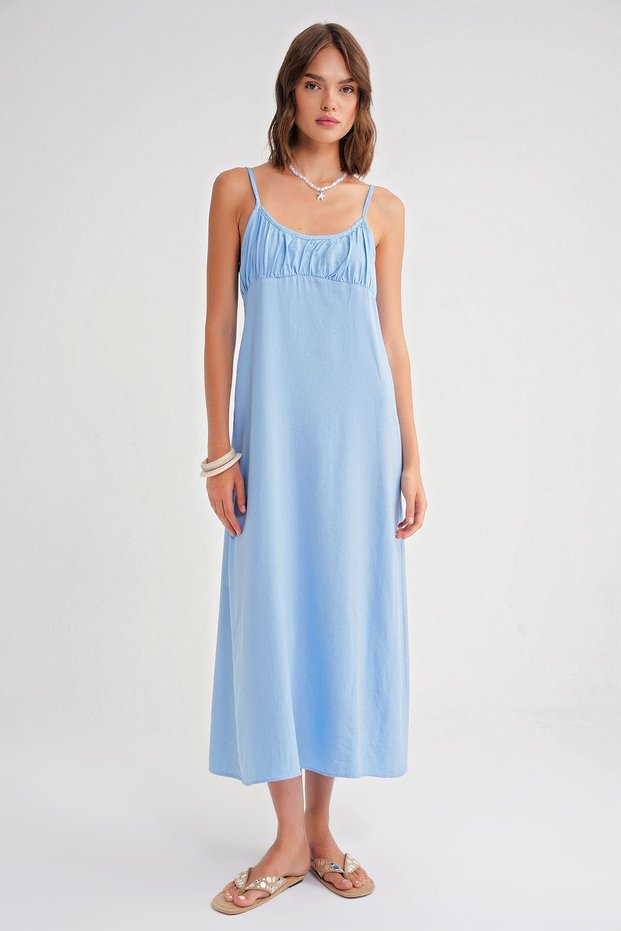 4742 Women's Rope Strap Gathered Detail Midi Dress Baby Blue