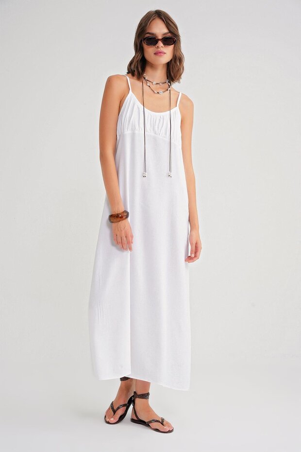 4742 Women's Rope Strap Gathered Detailed Midi Dress White